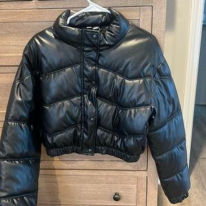Leather crop puff jacket